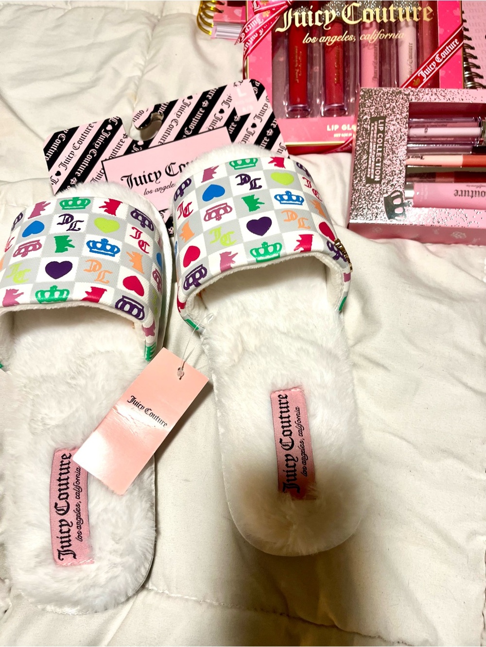NWT Juicy Couture White Plush Slides with Multicolor Icon Print